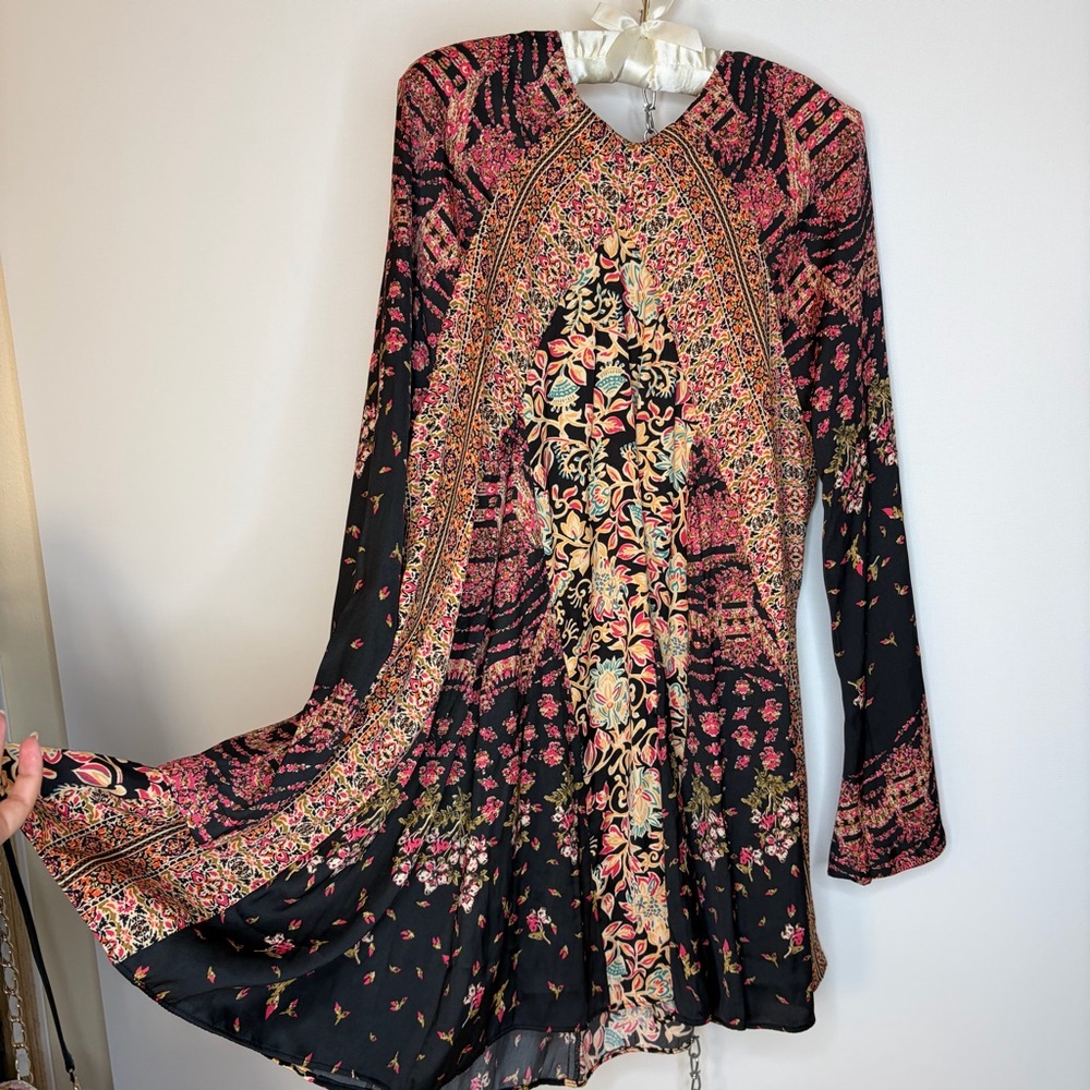 NWT Free People Black Floral Mini Dress with Pink and Cream Accents
